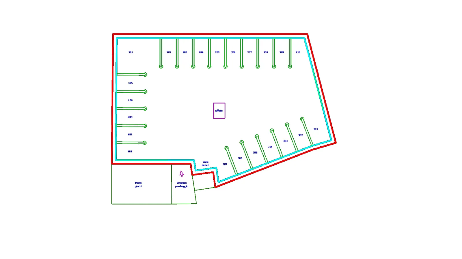 Lageplan der Anlage mit der Anordnung der 22 Stellplätze